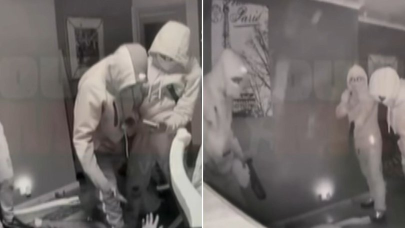 Shocking CCTV footage has emerged of the moment a man was stabbed and beaten by a group of armed thugs during a terrifying home invasion in Gladstone Park, Melbourne.