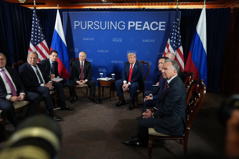 US President Donald Trump and President Vladimir Putin of Russia meet at Joint Base Elmendorf-Richardson in Anchorage, Alaska, on Friday, Aug. 15, 2025. 