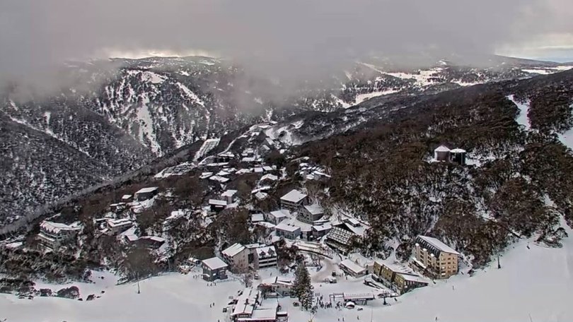 The view of the Falls Creek village at 9am on Sunday. Picture: Ski Aust Media