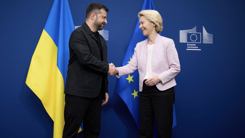 Ukraine President Volodymyr Zelensky met with President of the European Commission, Ursula von der Leyen, in Brussels on Sunday.