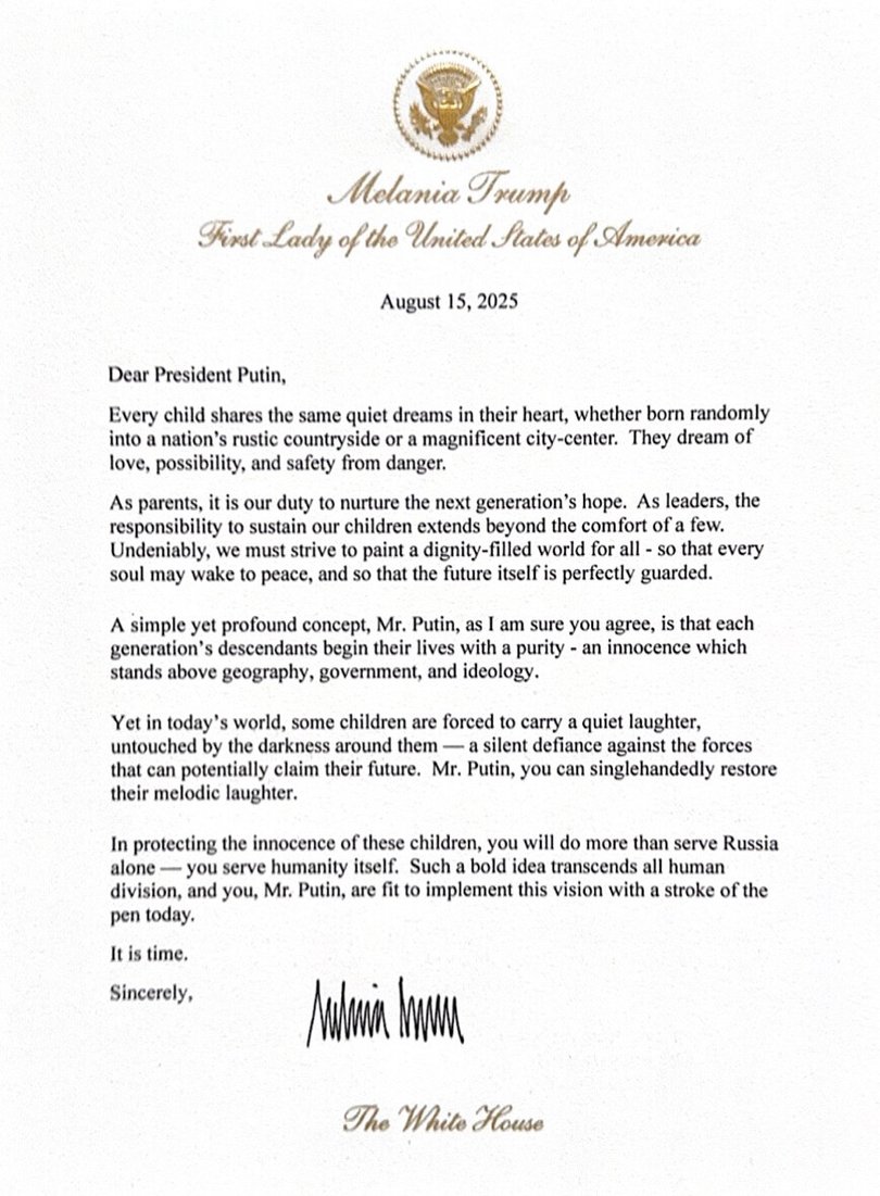 Donald Trump shared the First Lady's letter to Vladimir Putin via social media.