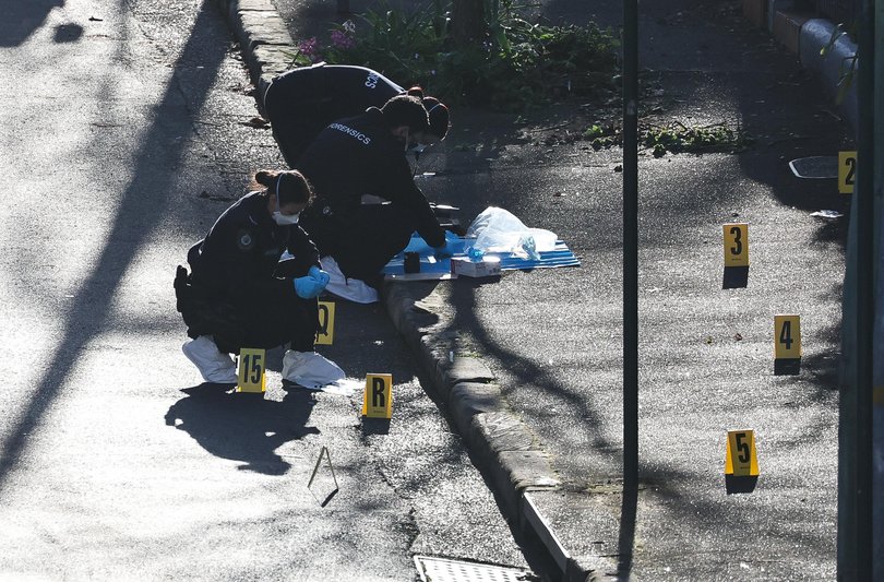 Police on the scene following a public place shooting outside a hotel in Sydney’s inner west on Sunday.