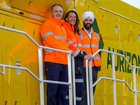 Aurizon chief executive Andrew Harding, BHP Copper SA asset president Anna Wiley and BHP group procurement officer Rashpal Singh Bhatti on board an Aurizon trail that carry the miner’s copper.