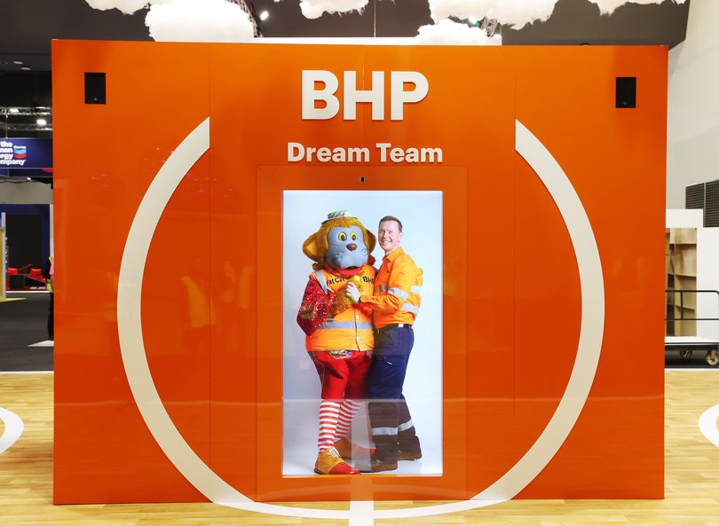 News. RTS. Resources Technology Showcase at the PCEC. Perth Convention and Exhibition Centre.  Fat Cat with Head of Technology BHP WA Iron Ore Jamie Bennett at the BHP building in Perth and are being hologrammed into the BHP Dream Team activation at the PCEC.