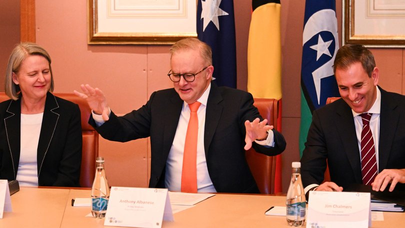 Australian Council of Trade Unions (ACTU) President Michele O'Neil and Secretary Sally McManus during an Economic Reform Roundtable in the Cabinet Room at Parliament House, in Canberra, Tuesday, August 19, 2025. 