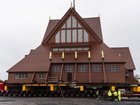 Workers perform final preparations on the church building on August 18, 2025 in Kiruna, Sweden. 
