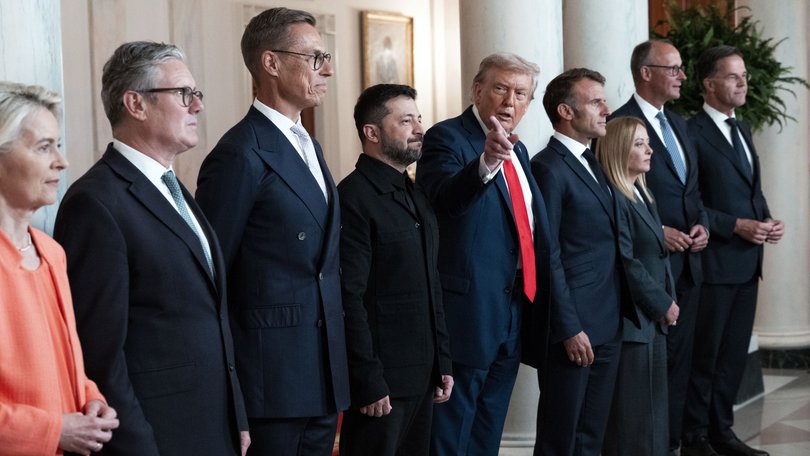 President Donald Trump, fifth from left, poses for a group photo with President Volodymyr Zelensky of Ukraine and other European leaders at the White House.
