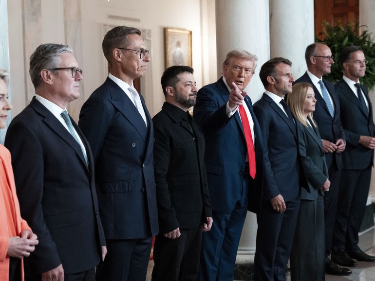 President Donald Trump, fifth from left, poses for a group photo with President Volodymyr Zelensky of Ukraine and other European leaders at the White House.