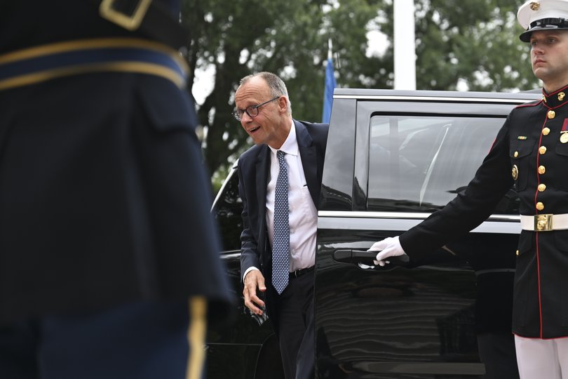 Chancellor Friedrich Merz of Germany arrives for the meeting with President Donald Trump, President Volodymyr Zelensky of Ukraine and European leaders at the West Wing of the White House.