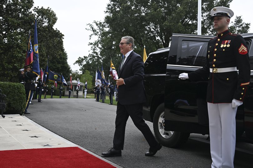 British Prime Minister Keir Starmer arrives for a meeting with President Donald Trump, President Volodymyr Zelenskyy of Ukraine and European leaders at the West Wing of the White House in Washington.