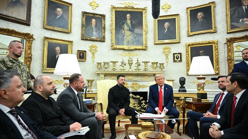 Ukrainian President Volodymyr Zelensky and US President Donald Trump participate in a meeting in the Oval Office of the White House in Washington.