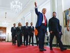 United States President Donald J Trump leads President Volodymyr Zelensky of Ukraine and the European and NATO leaders in Cross Hall of the White House in Washington.