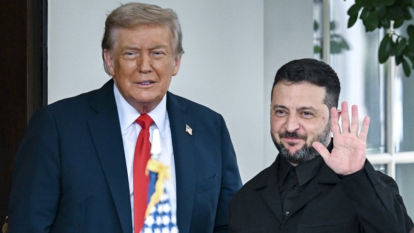 President Donald Trump greets President Volodymyr Zelenskyy of Ukraine as he arrives at the West Wing of the White House.