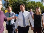 Outback Wrangler Matt Wright and his wife Kaia Wright alongside his Defence Senior Counsel David Edwardson KC and his instructing solicitor Luke Officer approaching the Supreme Court in Darwin on Tuesday August 19. NewsWire/ Pema Tamang Pakhrin