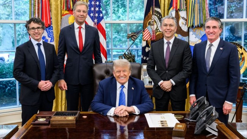 US President Donald Trump and Secretary of the Interior Doug Burgum together with Rio Tinto CEO, Jakob Stausholm and incoming CEO Simon Trott and BHP boss Mike Henry, discuss development of the Resolution copper project in the Oval Office.