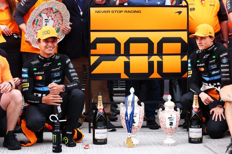 Race winner Lando Norris of Great Britain and McLaren Second placed Oscar Piastri of Australia.