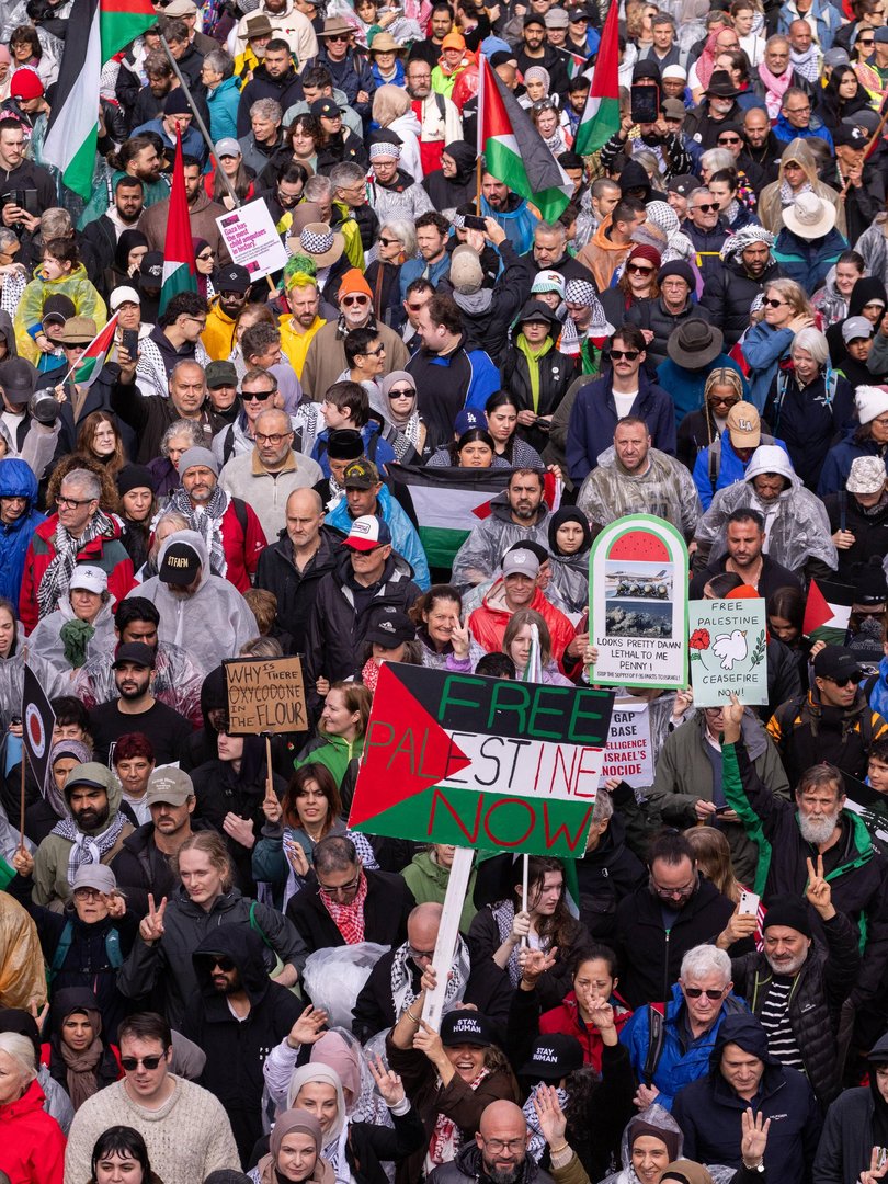 Thousands of Palestinian protestors joined in a protest on the Sydney Harbour Bridge. Picture: NewsWire / Brendan Read