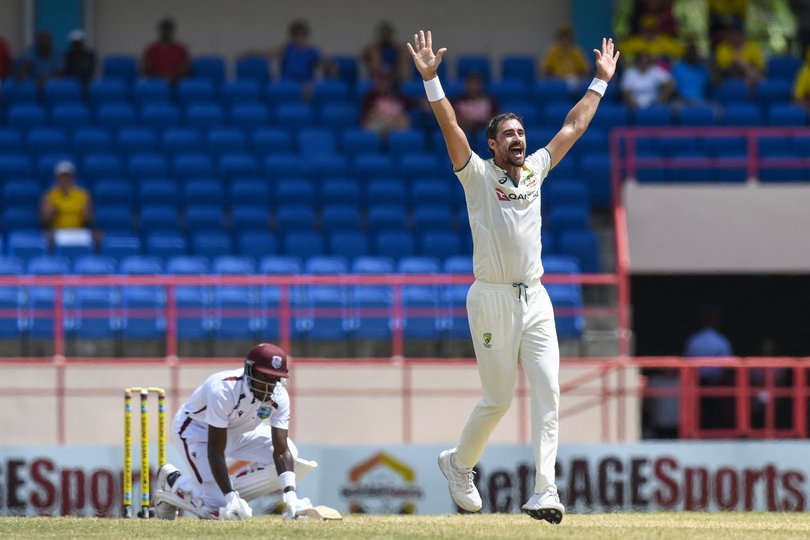 Mitchell Starc (R) of Australia appeals for leg before wicket (LBW) against Roston Chase (L) of West Indies during the 4th day of the 2nd Test match between West Indies and Australia at Grenada National Cricket Stadium, Saint George's, Grenada, on July 6, 2025. (Photo by Randy Brooks / AFP)