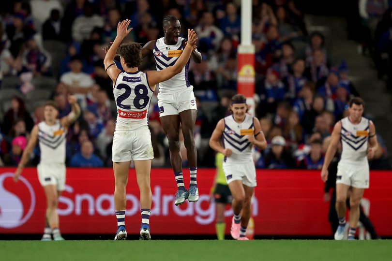 MELBOURNE, AUSTRALIA - AUGUST 24: Michael Frederick of the Dockers celebrates kicking a goal during the round 24 AFL match between Western Bulldogs and Fremantle Dockers at Marvel Stadium on August 24, 2025 in Melbourne, Australia. (Photo by Robert Cianflone/Getty Images via AFL Photos)