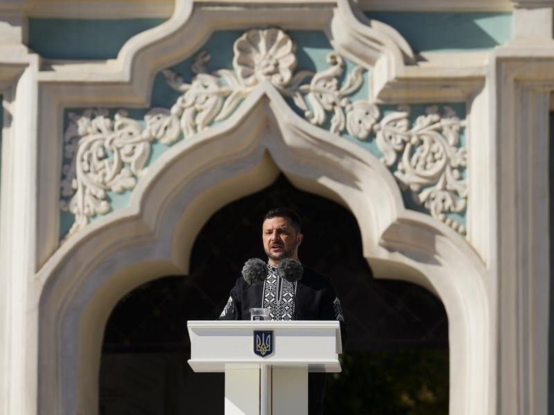 Ukrainian President Volodymyr Zelenskiy has emphasised the country's resolve during celebrations. (AP PHOTO)