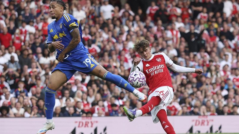 Arsenal's Max Dowman shooting during his impressive performance at just 15 against Leeds. (AP PHOTO)