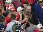 Taylor Swift kisses Kansas City Chiefs tight end Travis Kelce after the Chiefs won Super Bowl LVIII in Las Vegas on February 11, 2024. 