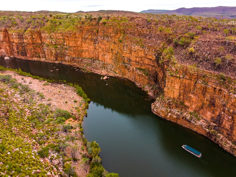 Cruising the Chamberlain River from El Questro Homestead in the Kimberley on a Munbula experience with Indigenous guides