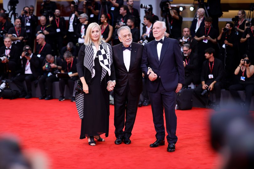 Lena Herzog, Francis Ford Coppola and Werner Herzog on the red carpet for La Grazia during the 82nd Venice International Film Festival.