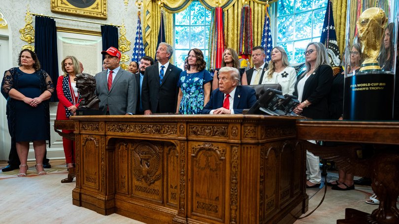 US President Donald Trump at the Resolute desk in the Oval Office this week.