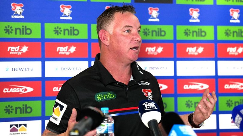 Newcastle coach Adam O'Brien tells the media why he chose to call time on his Knights career. (Michael Gorton/AAP PHOTOS)