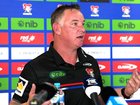 Newcastle coach Adam O'Brien tells the media why he chose to call time on his Knights career. (Michael Gorton/AAP PHOTOS)