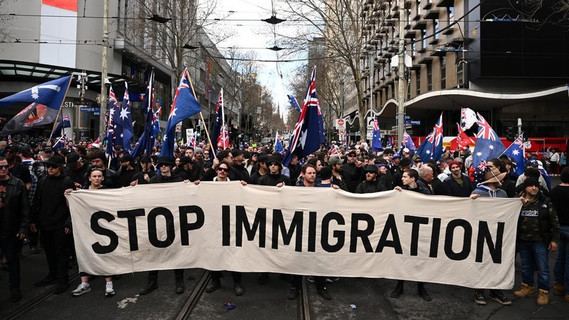 Thousands of March For Australia anti-immigration protesters rallied in cities across Australia. (Joel Carrett/AAP PHOTOS)