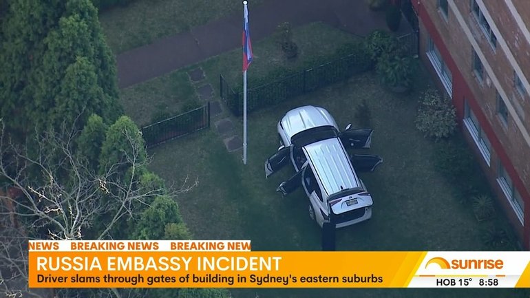 A man has been arrested after allegedly ramming his vehicle through the front gates of the Russian embassy in Sydney’s eastern suburbs.