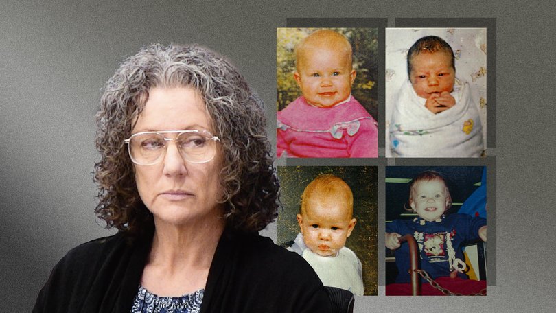 Kathleen Folbigg during her 2019 hearing and her four children (clockwise from top left) Sarah, Caleb, Laura and Patrick.