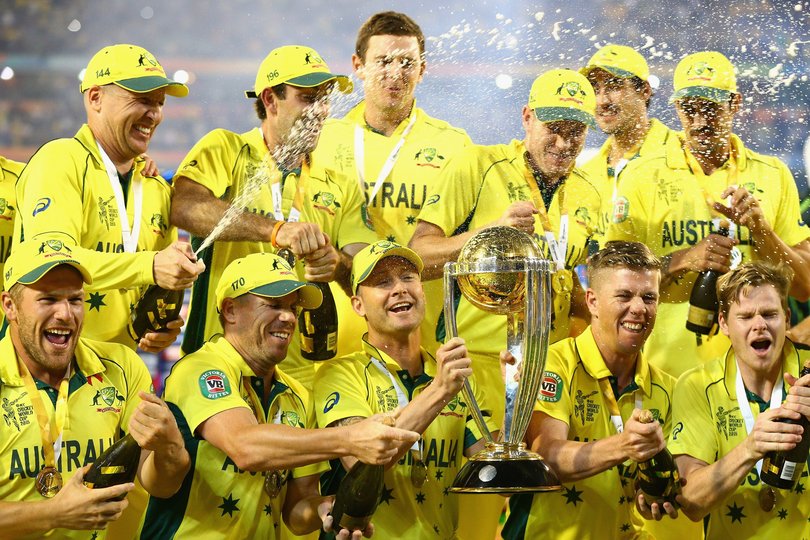 Australian players celebrate winning the 2015 ICC Cricket World Cup final