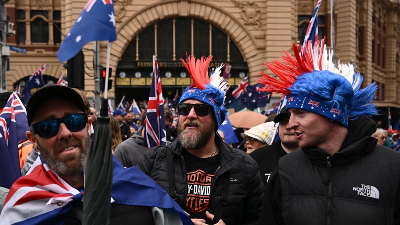 Protestors gather out side Flinders Street Station during the March for Australia anti-immigration rally in Melbourne, Sunday, August 31, 2025.
