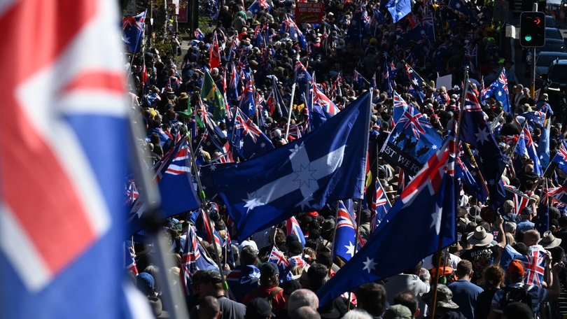 Protesters during the March for Australia anti-immigration rally in Sydney, Sunday, August 31, 2025. 