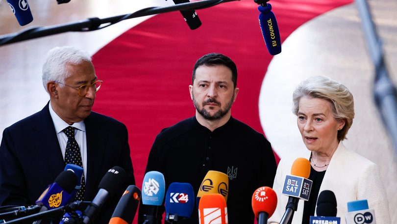Antonio Costa, president of the European Council, left, Volodymyr Zelenskiy, Ukraine's president, and Ursula von der Leyen, president of the European Commission, arrive for a special European Council meeting in Brussels, Belgium, on Thursday, March 6, 2025. EU leaders are scrambling to ramp up the blocs defense funding and support for Ukraine after Donald Trump halted aid to Kyiv this week. Photographer: Simon Wohlfahrt/Bloomberg