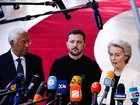 Antonio Costa, president of the European Council, left, Volodymyr Zelenskiy, Ukraine's president, and Ursula von der Leyen, president of the European Commission, arrive for a special European Council meeting in Brussels, Belgium, on Thursday, March 6, 2025. EU leaders are scrambling to ramp up the blocs defense funding and support for Ukraine after Donald Trump halted aid to Kyiv this week. Photographer: Simon Wohlfahrt/Bloomberg