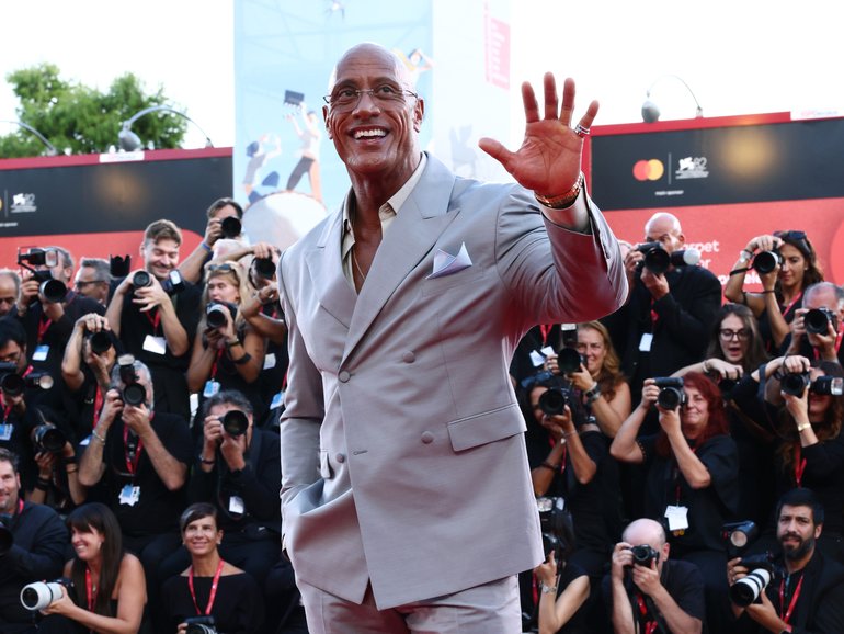 Dwayne Johnson on the red carpet for The Smashing Machine at the 82nd Venice International Film Festival.