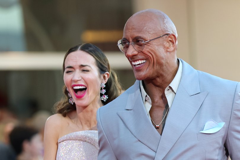 Emily Blunt and Dwayne Johnson at the red carpet for The Smashing Machine during the 82nd Venice International Film Festival.