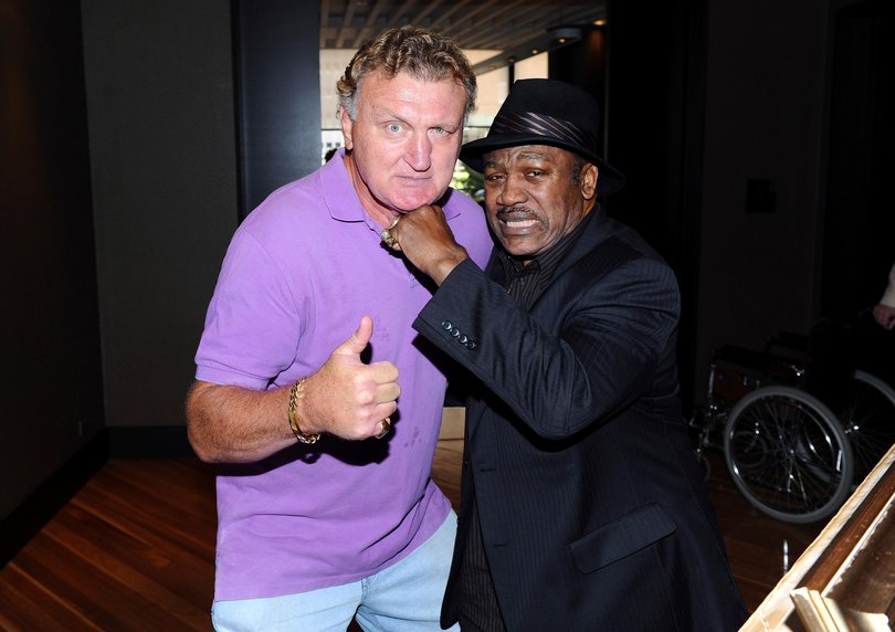 Joe Bugner and Joe Frazier ahead of a tribute and testimonial dinner to celebrate Bugner's 60th birthday on March 11, 2010 in Sydney, Australia.