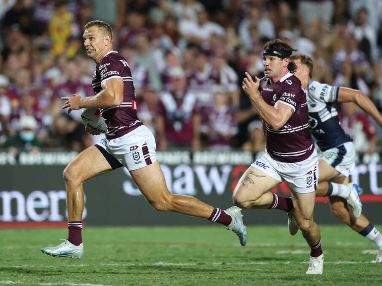 Tom Trbojevic (left) in action for the Manly Sea Eagles. Getty
