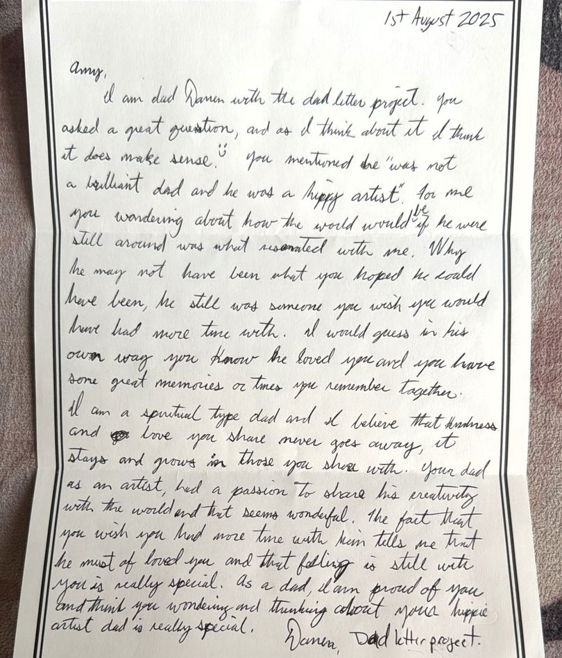 Amy Woods received a letter from volunteer writer Darren Timmeney in August.