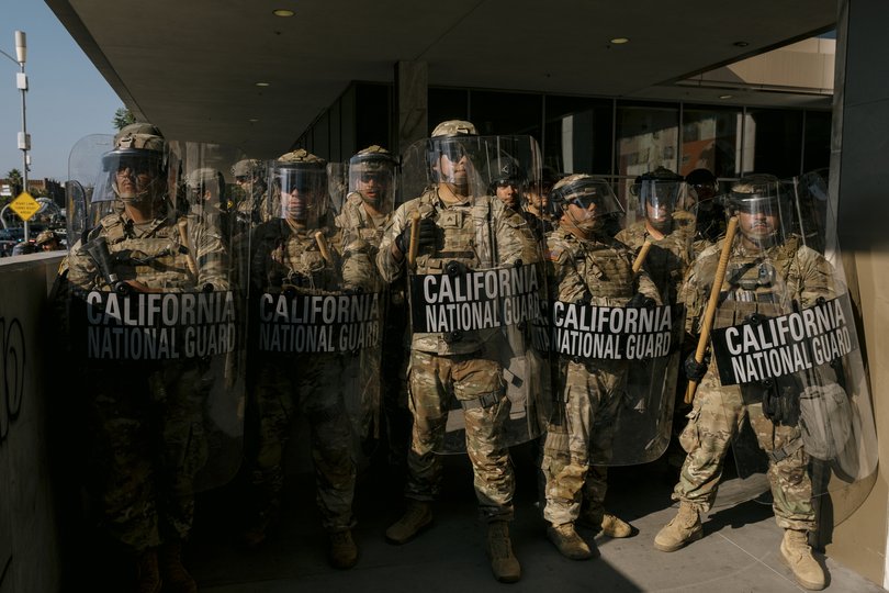 Members of the California National Guard, deployed at the Federal Building in downtown Los Angeles.