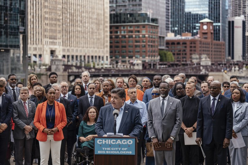 Governor JB Pritzker of Illinois speaks during a news conference in Chicago.