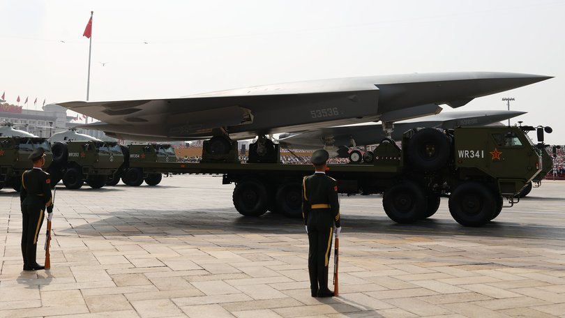 One of the fighter drones designed to operate as wingmen for manned jet fighters on display at the Beijing military parade.