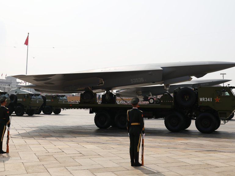 One of the fighter drones designed to operate as wingmen for manned jet fighters on display at the Beijing military parade.
