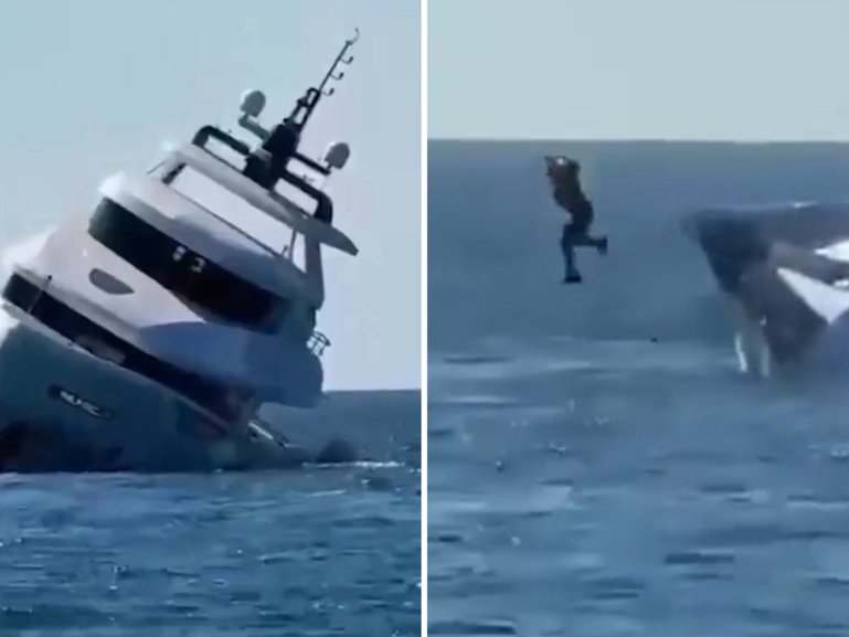 Dramatic footage shows the moment a $1.5 million luxury yacht capsized, sending crew members leaping overboard.
