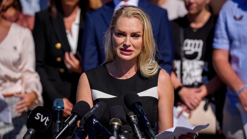 Survivor Anouska De Georgiou speaks at a news conference with alleged victims of disgraced financier and sex trafficker Jeffrey Epstein outside the US Capitol.
